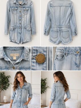 Michael Kors Light Blue Denim Long-Sleeve Romper